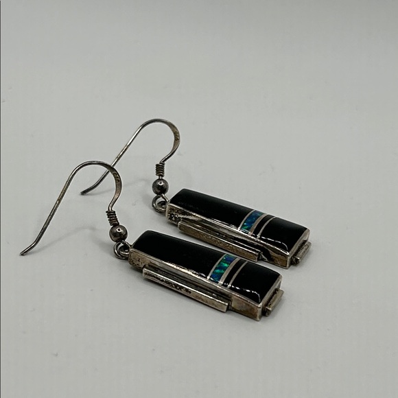 Nataanii, (John Charley) - Navajo1 Navajo John Charley Signed Sterling Silver Onyx & Opal Inlay Dangle Earrings